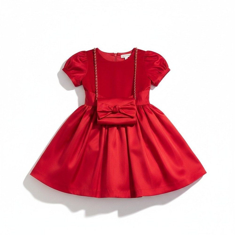 Janie and Jack Fit & Flare Dress Girls 8 Red Satin Bow Purse Holiday Party
